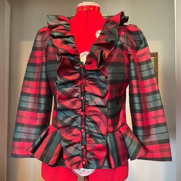 Boston Proper Tops - Boston Proper Green & Red Holiday Plaid Ruffled Button Down Peplum Blouse